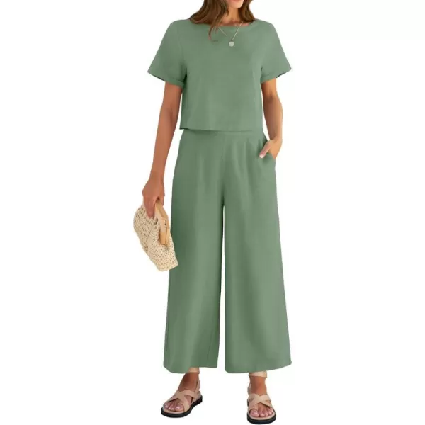 imageZESICA Womens 2 Piece Outfits Linen Short Sleeve Crop Top and High Waist Pants Lounge Matching Set 2023 Trendy ClothesCeladon