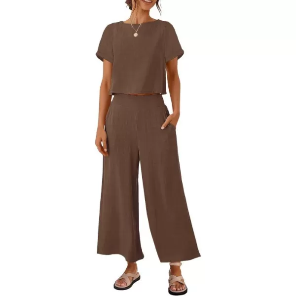 imageZESICA Womens 2 Piece Outfits Linen Short Sleeve Crop Top and High Waist Pants Lounge Matching Set 2023 Trendy ClothesCoffee