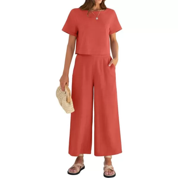 imageZESICA Womens 2 Piece Outfits Linen Short Sleeve Crop Top and High Waist Pants Lounge Matching Set 2023 Trendy ClothesCoral