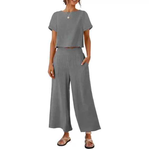 imageZESICA Womens 2 Piece Outfits Linen Short Sleeve Crop Top and High Waist Pants Lounge Matching Set 2023 Trendy ClothesDustyblue