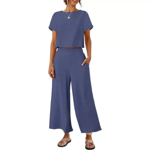 imageZESICA Womens 2 Piece Outfits Linen Short Sleeve Crop Top and High Waist Pants Lounge Matching Set 2023 Trendy ClothesGreyblue