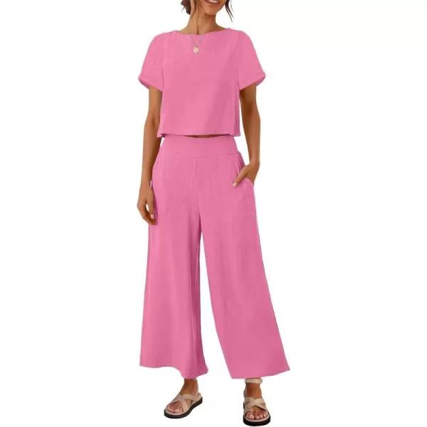 imageZESICA Womens 2 Piece Outfits Linen Short Sleeve Crop Top and High Waist Pants Lounge Matching Set 2023 Trendy ClothesHotpink