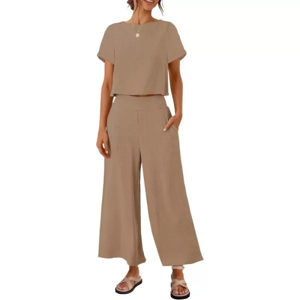 imageZESICA Womens 2 Piece Outfits Linen Short Sleeve Crop Top and High Waist Pants Lounge Matching Set 2023 Trendy ClothesKhaki