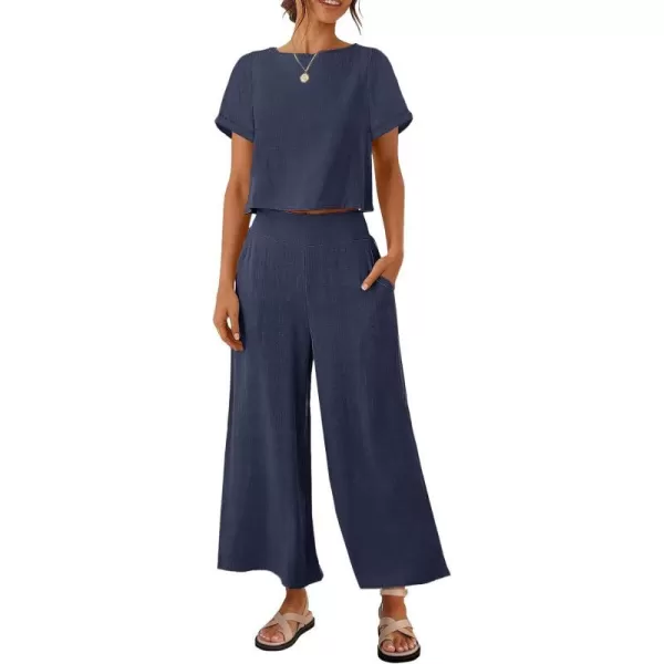 imageZESICA Womens 2 Piece Outfits Linen Short Sleeve Crop Top and High Waist Pants Lounge Matching Set 2023 Trendy ClothesNavy