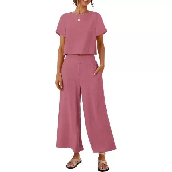 imageZESICA Womens 2 Piece Outfits Linen Short Sleeve Crop Top and High Waist Pants Lounge Matching Set 2023 Trendy ClothesPlum