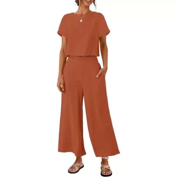 imageZESICA Womens 2 Piece Outfits Linen Short Sleeve Crop Top and High Waist Pants Lounge Matching Set 2023 Trendy ClothesRust
