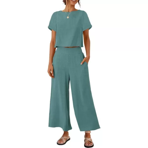 imageZESICA Womens 2 Piece Outfits Linen Short Sleeve Crop Top and High Waist Pants Lounge Matching Set 2023 Trendy ClothesTeal