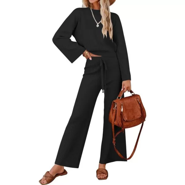 imageZESICA Womens 2 Piece Outfits Set 2023 Casual Long Sleeve Knit Pullover Top and Wide Leg Pants Sweatsuit Lounge SetsBlack