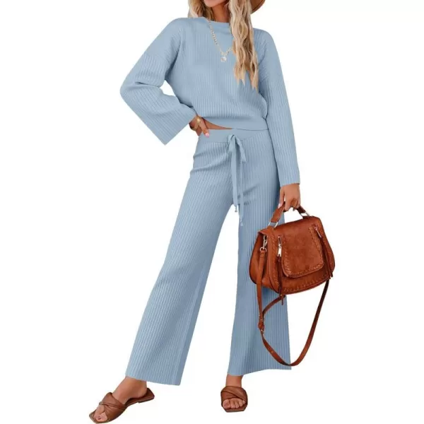 imageZESICA Womens 2 Piece Outfits Set 2023 Casual Long Sleeve Knit Pullover Top and Wide Leg Pants Sweatsuit Lounge SetsBlue