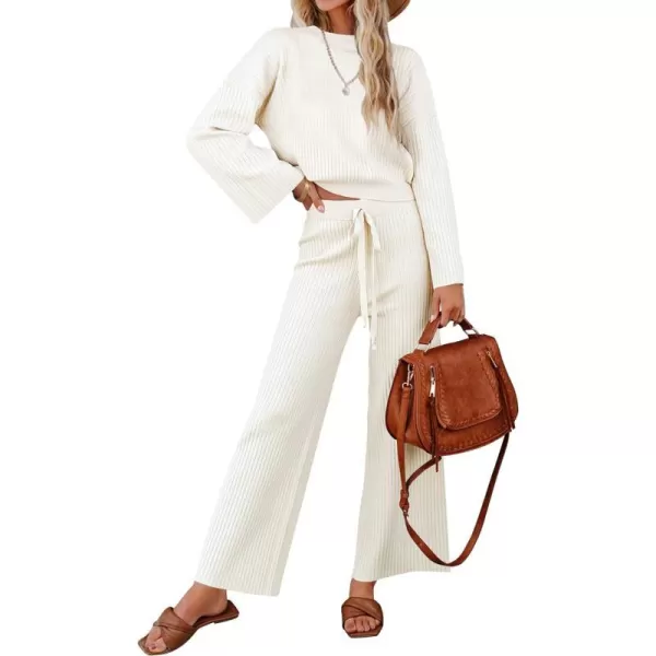 imageZESICA Womens 2 Piece Outfits Set 2023 Casual Long Sleeve Knit Pullover Top and Wide Leg Pants Sweatsuit Lounge SetsCream