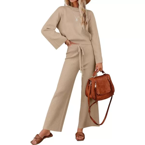 imageZESICA Womens 2 Piece Outfits Set 2023 Casual Long Sleeve Knit Pullover Top and Wide Leg Pants Sweatsuit Lounge SetsKhaki