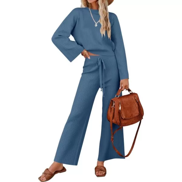 imageZESICA Womens 2 Piece Outfits Set 2023 Casual Long Sleeve Knit Pullover Top and Wide Leg Pants Sweatsuit Lounge SetsNavy