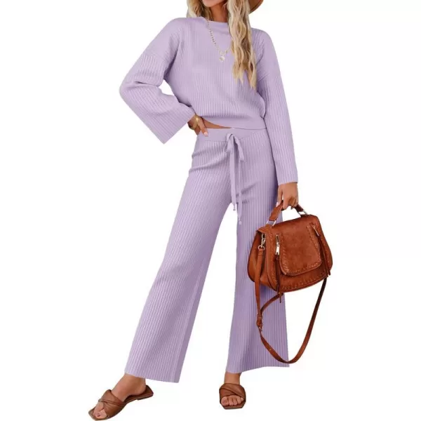imageZESICA Womens 2 Piece Outfits Set 2023 Casual Long Sleeve Knit Pullover Top and Wide Leg Pants Sweatsuit Lounge SetsPurple