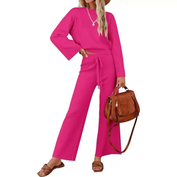 imageZESICA Womens 2 Piece Outfits Set 2023 Casual Long Sleeve Knit Pullover Top and Wide Leg Pants Sweatsuit Lounge SetsRose