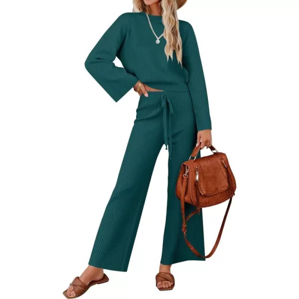 imageZESICA Womens 2 Piece Outfits Set 2023 Casual Long Sleeve Knit Pullover Top and Wide Leg Pants Sweatsuit Lounge SetsTeal