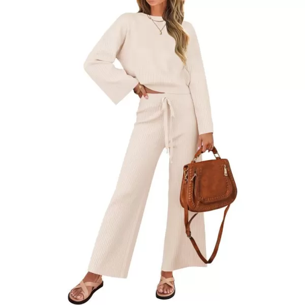 imageZESICA Womens 2 Piece Outfits Set 2024 Casual Long Sleeve Knit Pullover Top and Wide Leg Pants Sweatsuit Lounge SetsApricot