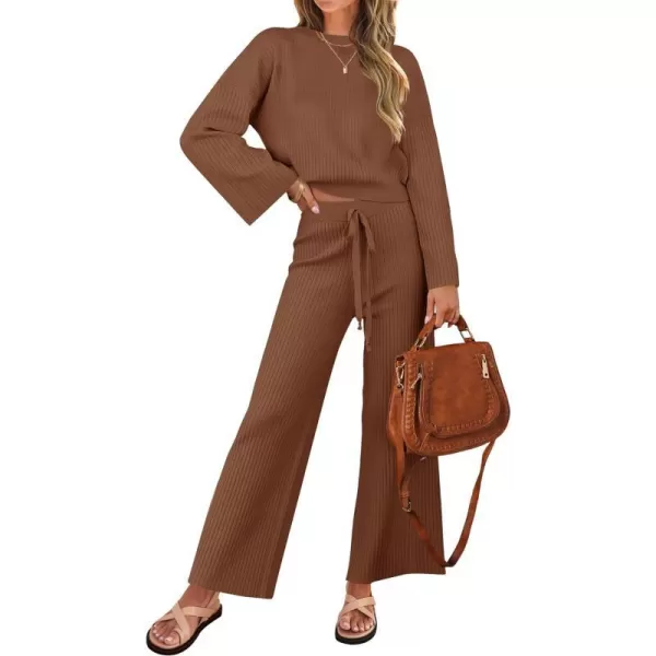 imageZESICA Womens 2 Piece Outfits Set 2024 Casual Long Sleeve Knit Pullover Top and Wide Leg Pants Sweatsuit Lounge SetsCaramel