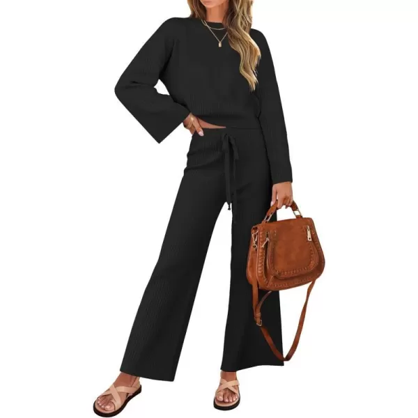 imageZESICA Womens 2 Piece Outfits Set 2024 Casual Long Sleeve Knit Pullover Top and Wide Leg Pants Sweatsuit Lounge SetsDarkblack