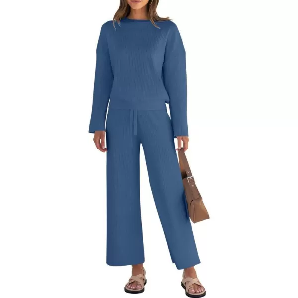 imageZESICA Womens 2 Piece Outfits Set 2024 Casual Long Sleeve Knit Pullover Top and Wide Leg Pants Sweatsuit Lounge SetsDarkblue
