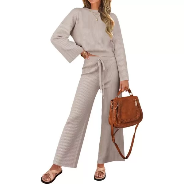 imageZESICA Womens 2 Piece Outfits Set 2024 Casual Long Sleeve Knit Pullover Top and Wide Leg Pants Sweatsuit Lounge SetsOatmeal