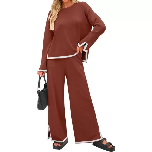 imageZESICA Womens 2 Piece Outfits Set 2024 Casual Long Sleeve Knit Pullover Top and Wide Leg Pants Sweatsuit Lounge SetsRust