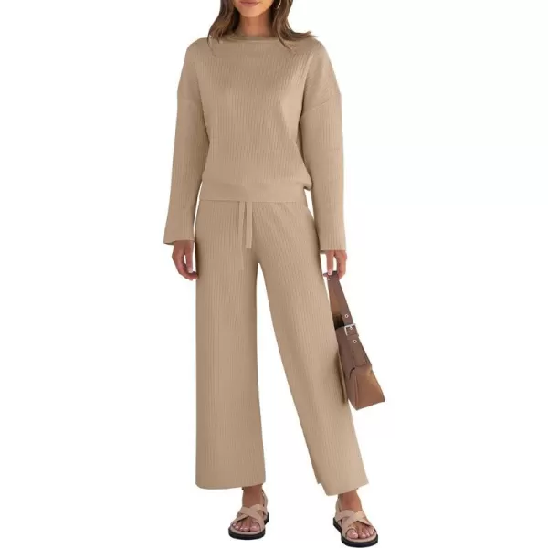 imageZESICA Womens 2 Piece Outfits Set 2024 Casual Long Sleeve Knit Pullover Top and Wide Leg Pants Sweatsuit Lounge SetsSand