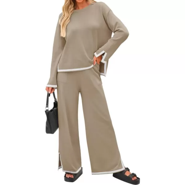imageZESICA Womens 2 Piece Outfits Set 2024 Casual Long Sleeve Knit Pullover Top and Wide Leg Pants Sweatsuit Lounge SetsTan