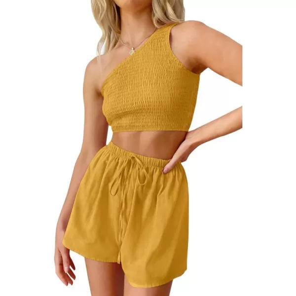 imageZESICA Womens 2 Piece Outfits Sleeveless One Shoulder Smocked Crop Top and Drawstring Shorts Lounge Pajama SetZESICA Womens 2 Piece Outfits Sleeveless One Shoulder Smocked Crop Top and Drawstring Shorts Lounge Pajama Set