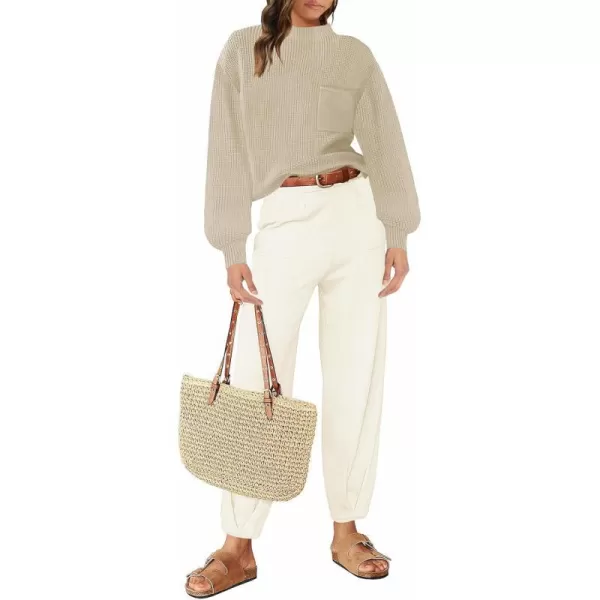 imageZESICA Womens 2 Piece Outfits Sweater Set Long Sleeve Mock Neck Knit Pullover Top High Waist Pant Tracksuit Lounge SetsBeige