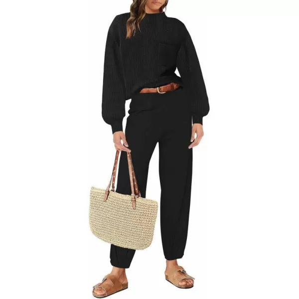 imageZESICA Womens 2 Piece Outfits Sweater Set Long Sleeve Mock Neck Knit Pullover Top High Waist Pant Tracksuit Lounge SetsBlack
