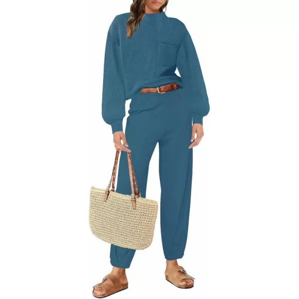 imageZESICA Womens 2 Piece Outfits Sweater Set Long Sleeve Mock Neck Knit Pullover Top High Waist Pant Tracksuit Lounge SetsBlue