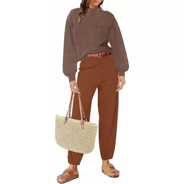imageZESICA Womens 2 Piece Outfits Sweater Set Long Sleeve Mock Neck Knit Pullover Top High Waist Pant Tracksuit Lounge SetsCaramel