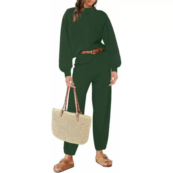 imageZESICA Womens 2 Piece Outfits Sweater Set Long Sleeve Mock Neck Knit Pullover Top High Waist Pant Tracksuit Lounge SetsForestgreen