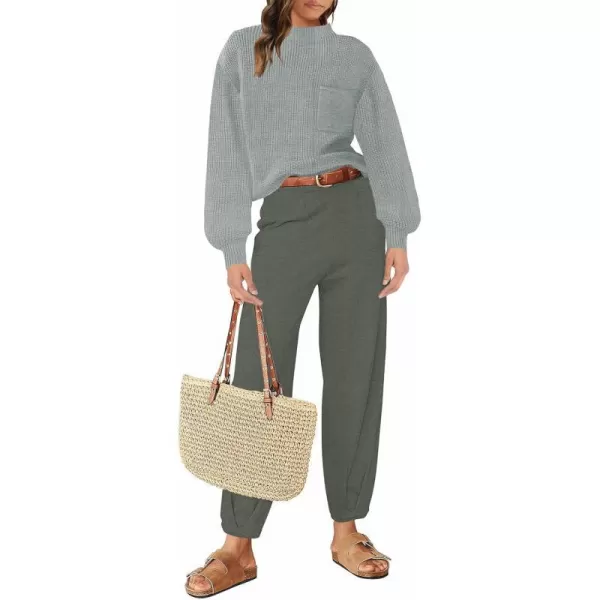 imageZESICA Womens 2 Piece Outfits Sweater Set Long Sleeve Mock Neck Knit Pullover Top High Waist Pant Tracksuit Lounge SetsGrey