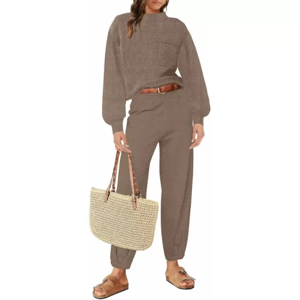 imageZESICA Womens 2 Piece Outfits Sweater Set Long Sleeve Mock Neck Knit Pullover Top High Waist Pant Tracksuit Lounge SetsMocha