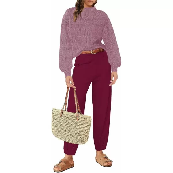 imageZESICA Womens 2 Piece Outfits Sweater Set Long Sleeve Mock Neck Knit Pullover Top High Waist Pant Tracksuit Lounge SetsPlum