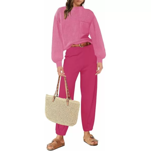 imageZESICA Womens 2 Piece Outfits Sweater Set Long Sleeve Mock Neck Knit Pullover Top High Waist Pant Tracksuit Lounge SetsRose