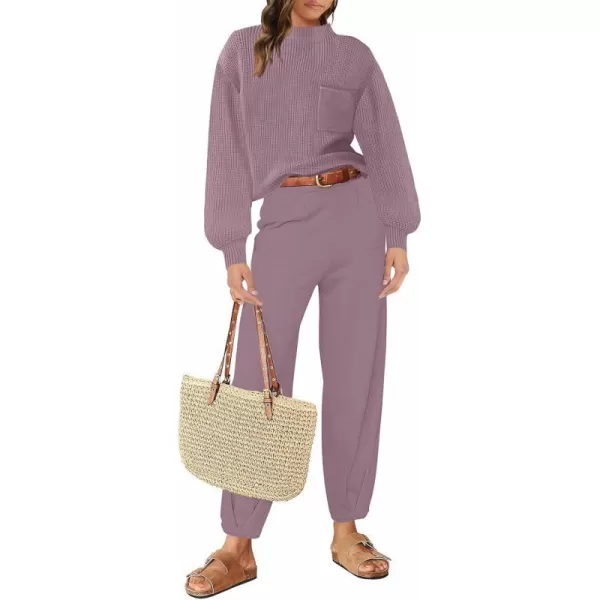 imageZESICA Womens 2 Piece Outfits Sweater Set Long Sleeve Mock Neck Knit Pullover Top High Waist Pant Tracksuit Lounge SetsTaropurple