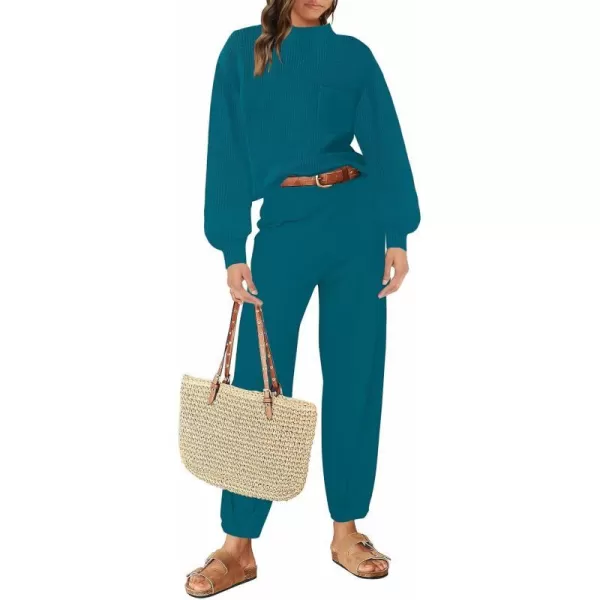 imageZESICA Womens 2 Piece Outfits Sweater Set Long Sleeve Mock Neck Knit Pullover Top High Waist Pant Tracksuit Lounge SetsTeal