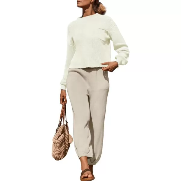 imageZESICA Womens 2 Piece Outfits Sweater Set Long Sleeve Mock Neck Knit Pullover Top High Waist Pant Tracksuit Lounge SetsWhite