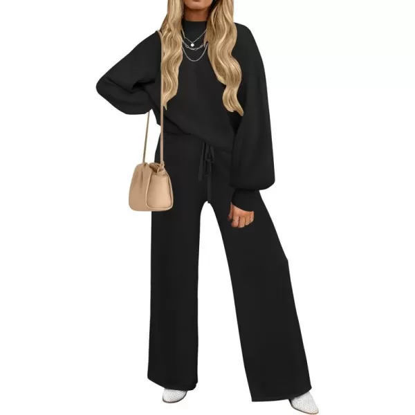 imageZESICA Womens 2 Piece Outfits Sweater Set Long Sleeve Mock Neck Knit Pullover and Wide Leg Pants Lounge Sets SweatsuitBlack