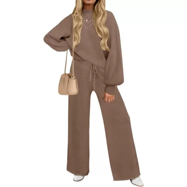 imageZESICA Womens 2 Piece Outfits Sweater Set Long Sleeve Mock Neck Knit Pullover and Wide Leg Pants Lounge Sets SweatsuitBrown