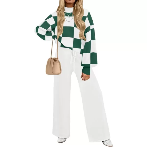 imageZESICA Womens 2 Piece Outfits Sweater Set Long Sleeve Mock Neck Knit Pullover and Wide Leg Pants Lounge Sets SweatsuitGreenplaid