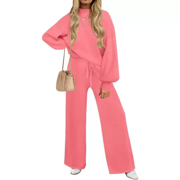 imageZESICA Womens 2 Piece Outfits Sweater Set Long Sleeve Mock Neck Knit Pullover and Wide Leg Pants Lounge Sets SweatsuitHotpink