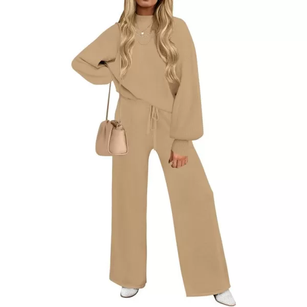 imageZESICA Womens 2 Piece Outfits Sweater Set Long Sleeve Mock Neck Knit Pullover and Wide Leg Pants Lounge Sets SweatsuitKhaki