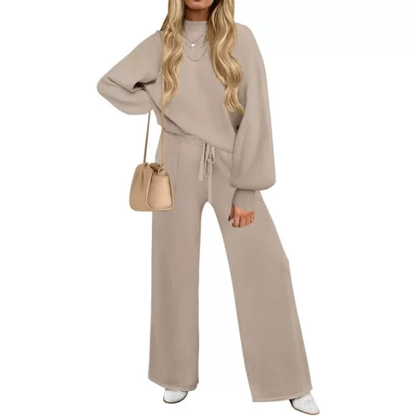 imageZESICA Womens 2 Piece Outfits Sweater Set Long Sleeve Mock Neck Knit Pullover and Wide Leg Pants Lounge Sets SweatsuitOatmeal