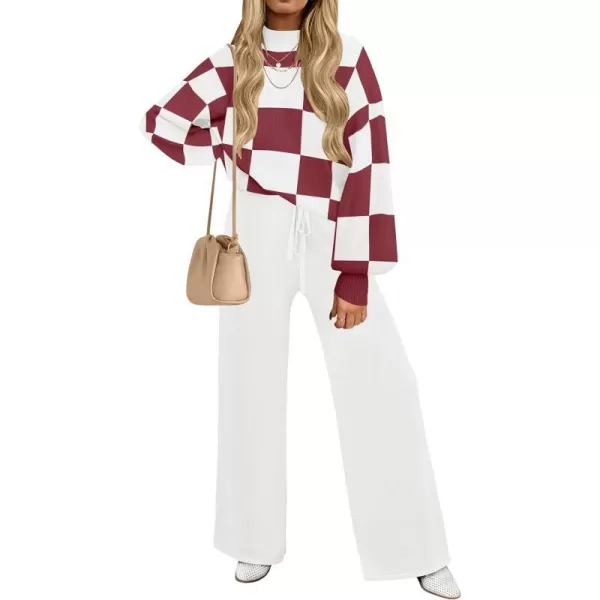 imageZESICA Womens 2 Piece Outfits Sweater Set Long Sleeve Mock Neck Knit Pullover and Wide Leg Pants Lounge Sets SweatsuitPlumplaid