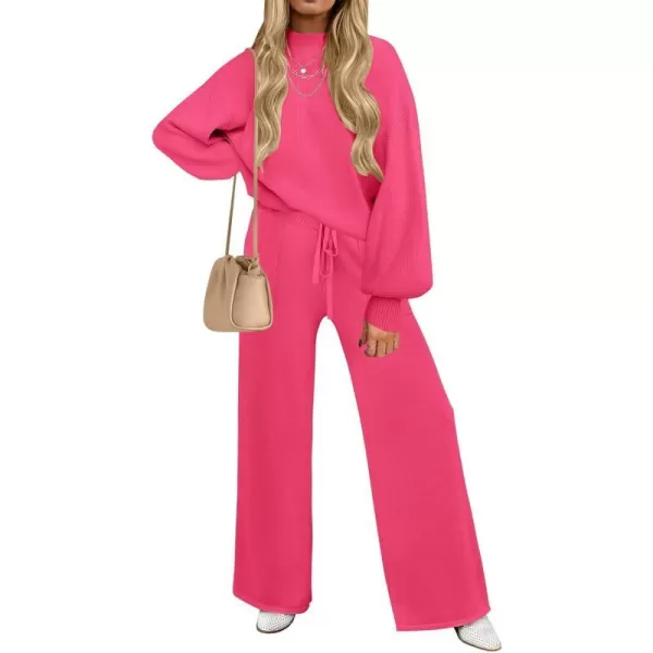 imageZESICA Womens 2 Piece Outfits Sweater Set Long Sleeve Mock Neck Knit Pullover and Wide Leg Pants Lounge Sets SweatsuitRose