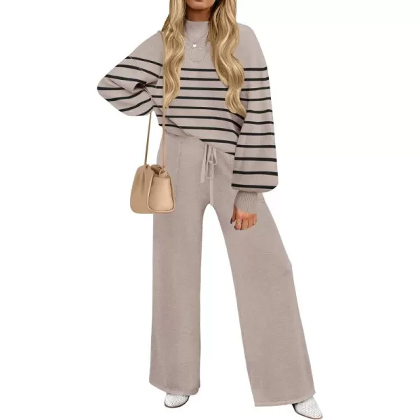 imageZESICA Womens 2 Piece Outfits Sweater Set Long Sleeve Mock Neck Knit Pullover and Wide Leg Pants Lounge Sets SweatsuitSand