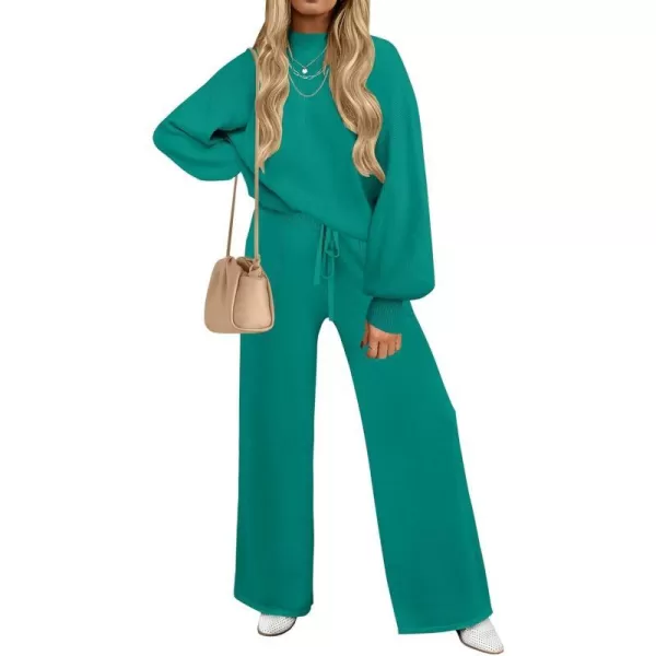 imageZESICA Womens 2 Piece Outfits Sweater Set Long Sleeve Mock Neck Knit Pullover and Wide Leg Pants Lounge Sets SweatsuitTealgreen